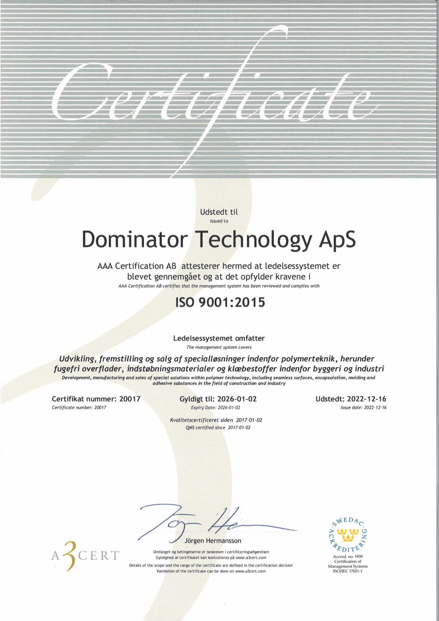 ISO 9001 Certifikat 2022 - Dansk